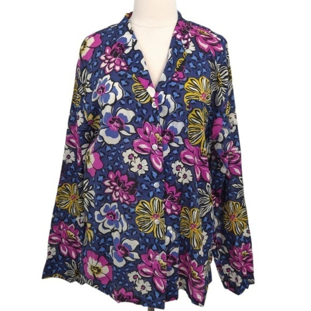 Vera Bradley Blue Purple Yellow Floral African Violet Cotton Pajama Top- XL